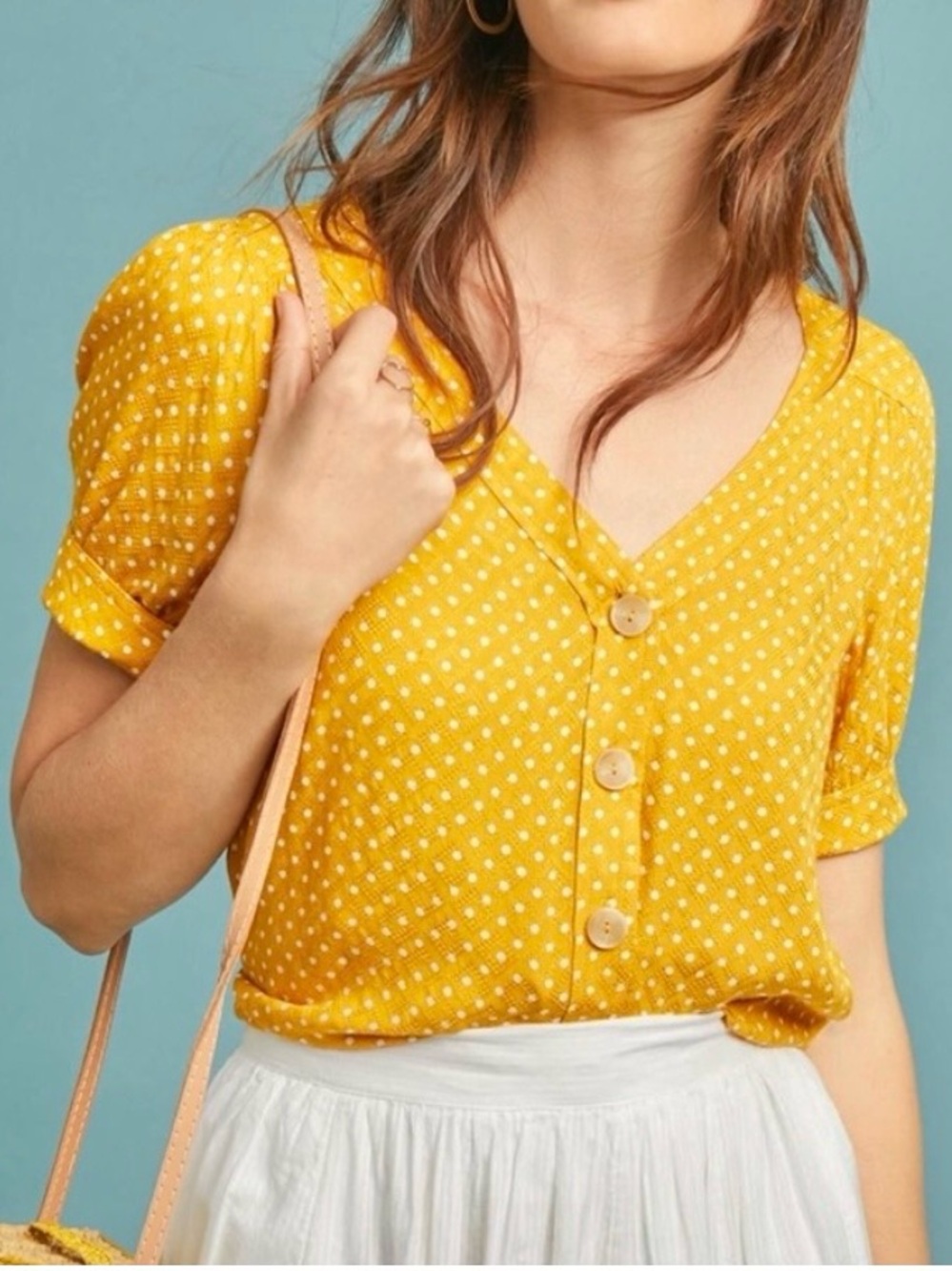 Maeve Anthropologie mustard yellow polka dot short sleeve blouse button front